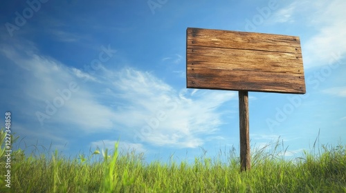 A large blank wooden advertising sign standing in a grassy field under a bright blue sky, offering plenty of space for creative content.