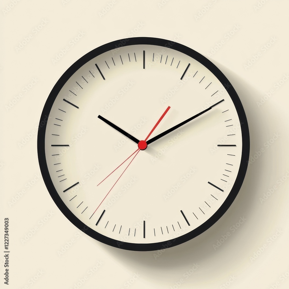 Modern wall clock displaying time with black and red design against a light background. Generative AI Modern wall clock displaying time with black and red design against a light background. Generative AI