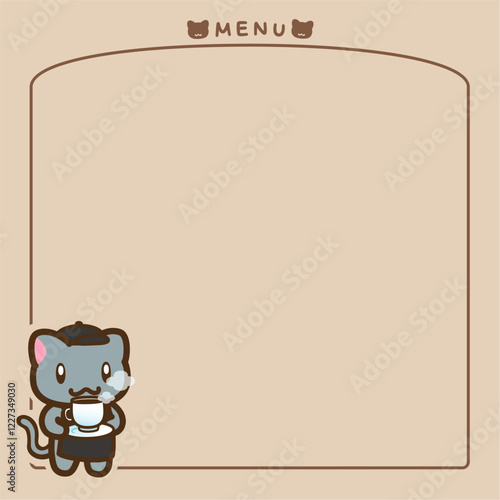 シンプルなコーヒーを運ぶ猫店員付きメニュー枠線正方形型