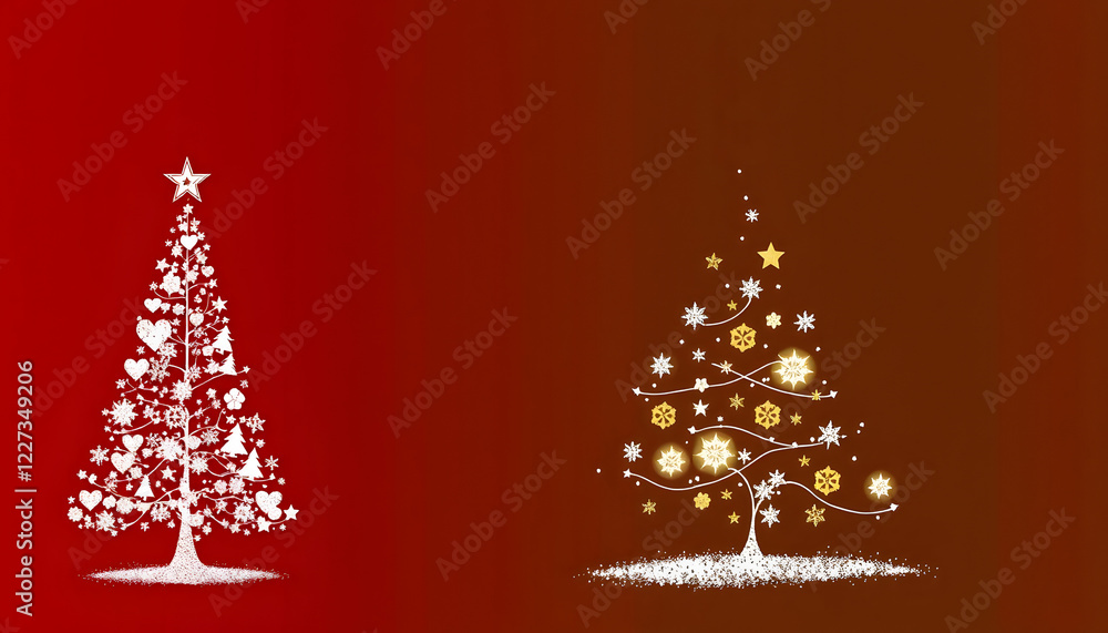 Merry Christmas Vector Card. White and Gold Christmas Tree Isolated on a Red, White and Green Background. Christmas Illustration in 3 Different Colors. Tree Made of Stars, Hearts, Trees and Snowflak Merry Christmas Vector Card. White and Gold Christmas Tree Isolated on a Red, White and Green Background. Christmas Illustration in 3 Different Colors. Tree Made of Stars, Hearts, Trees and Snowflak