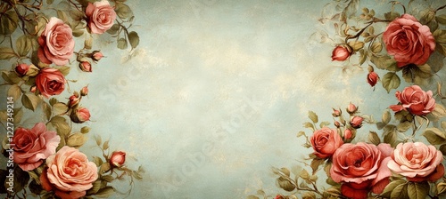 Fototapeta Naklejka Na Ścianę i Meble -  Vintage art rose flower bouquet decoration frame with copy space background. Generative AI technology.	
