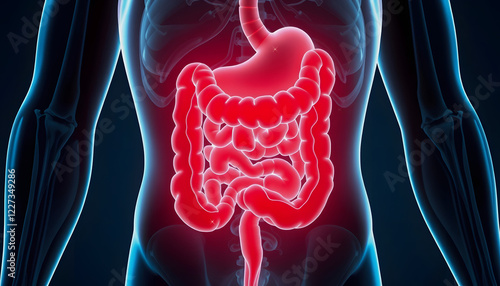 Pain in human intestines, bowel concept. Ghost light effect, x-ray hologram. 3D rendering , with white tonespng
