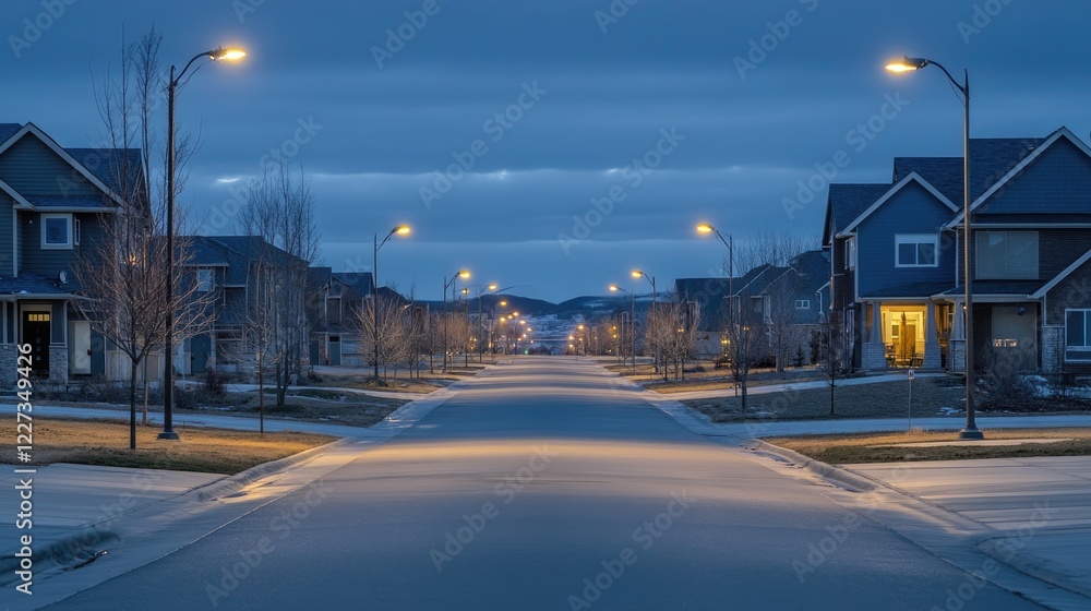 A peaceful, empty suburban street at twilight, with clear roads and empty houses, creating a quiet, residential backdrop for design. A peaceful, empty suburban street at twilight, with clear roads and empty houses, creating a quiet, residential backdrop for design.