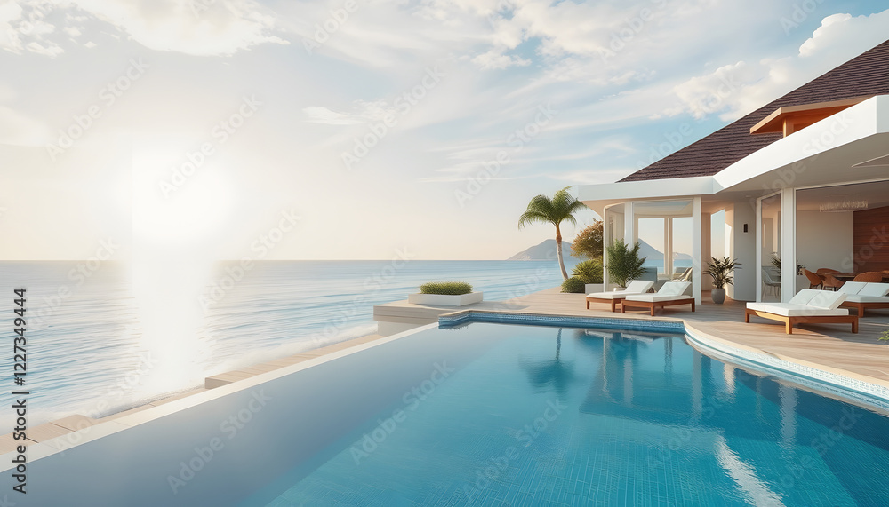 Fototapeta premium Luxury beach house with sea view swimming pool and terrace at vacation.3d rendering , with white tonespng