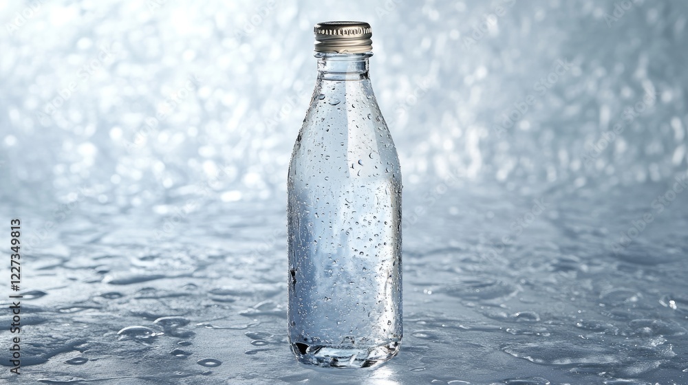 A refreshing glass bottle of water, with condensation droplets forming on the surface, placed on a bright, textured background with soft light. A refreshing glass bottle of water, with condensation droplets forming on the surface, placed on a bright, textured background with soft light.