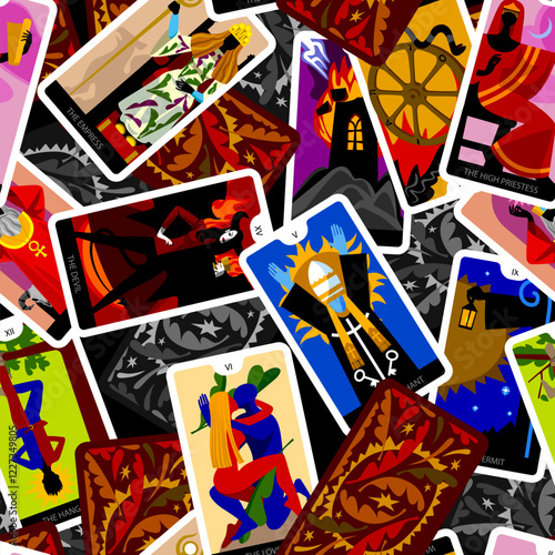Colorful seamless pattern background of Tarot playing cards on black. Vector illustration in modern cartoon minimalism flat style