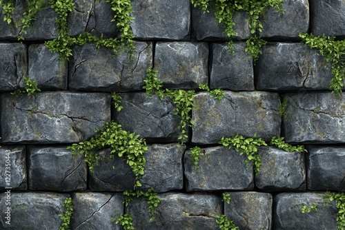 Fototapeta Naklejka Na Ścianę i Meble -  Dark grey stone wall texture with green vines. Ideal for game backgrounds, website design, or creating rustic themes.