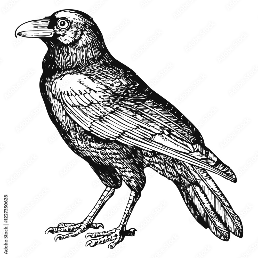 Fototapeta premium Woodcut illustration of a crow. Vintage grunge vector design element for artworks, poster, cards, web and collages.