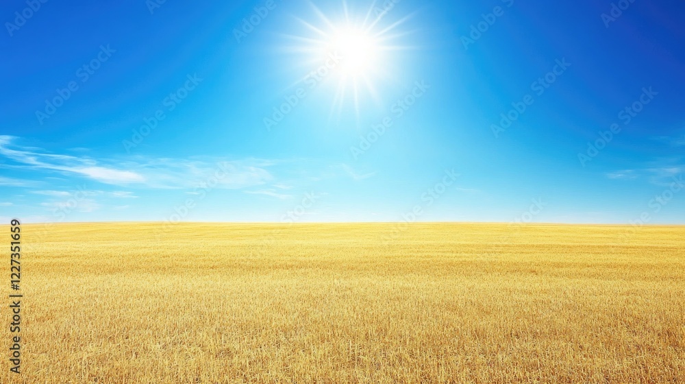 A vast, golden grass field stretching toward the horizon with the sun hanging low in the sky, casting a warm and inviting glow over the land. A vast, golden grass field stretching toward the horizon with the sun hanging low in the sky, casting a warm and inviting glow over the land.
