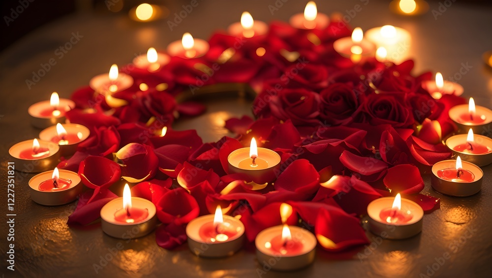 A candlelit arrangement of red rose petals in a circle. The candles are lit and the petals are scattered around them. A candlelit arrangement of red rose petals in a circle. The candles are lit and the petals are scattered around them.