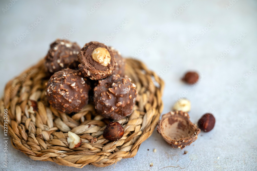 Chocolate candy with hazelnuts on shadows background Chocolate candy with hazelnuts on shadows background