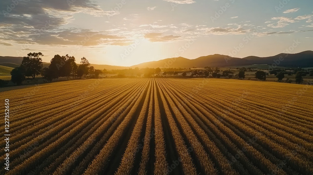 Fototapeta premium A wide shot of a wheat field during golden hour, with the warm sunlight casting long shadows over the rows of wheat.