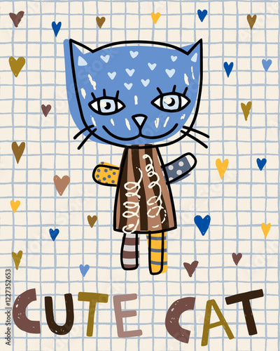 Cute vector kitty in blue, yellow and brown colors, Cute animal cat illustration for kids and baby designs photo