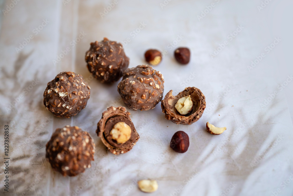 Obraz premium Chocolate candy with hazelnuts on shadows background
