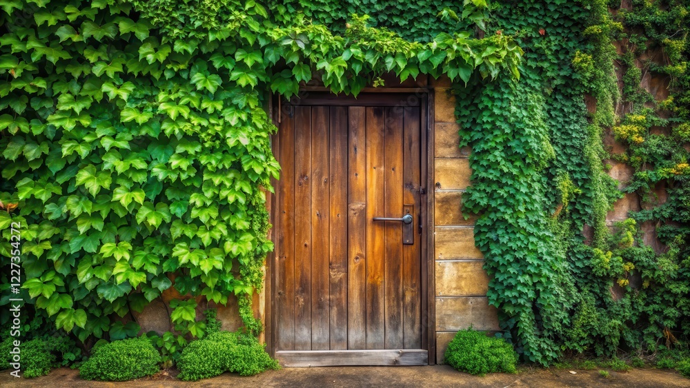 A rustic wooden door with a large overgrown green leafy corner on the right side of the door frame, wood, garden, wood, garden A rustic wooden door with a large overgrown green leafy corner on the right side of the door frame, wood, garden, wood, garden