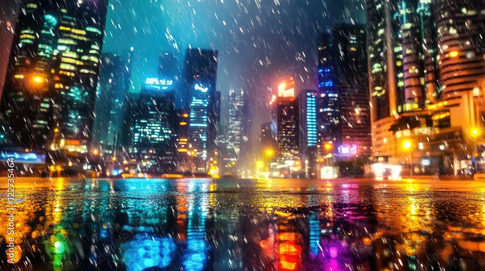A glowing cyberpunk city with neon-lit skyscrapers and reflective streets under a rainy night sky A glowing cyberpunk city with neon-lit skyscrapers and reflective streets under a rainy night sky