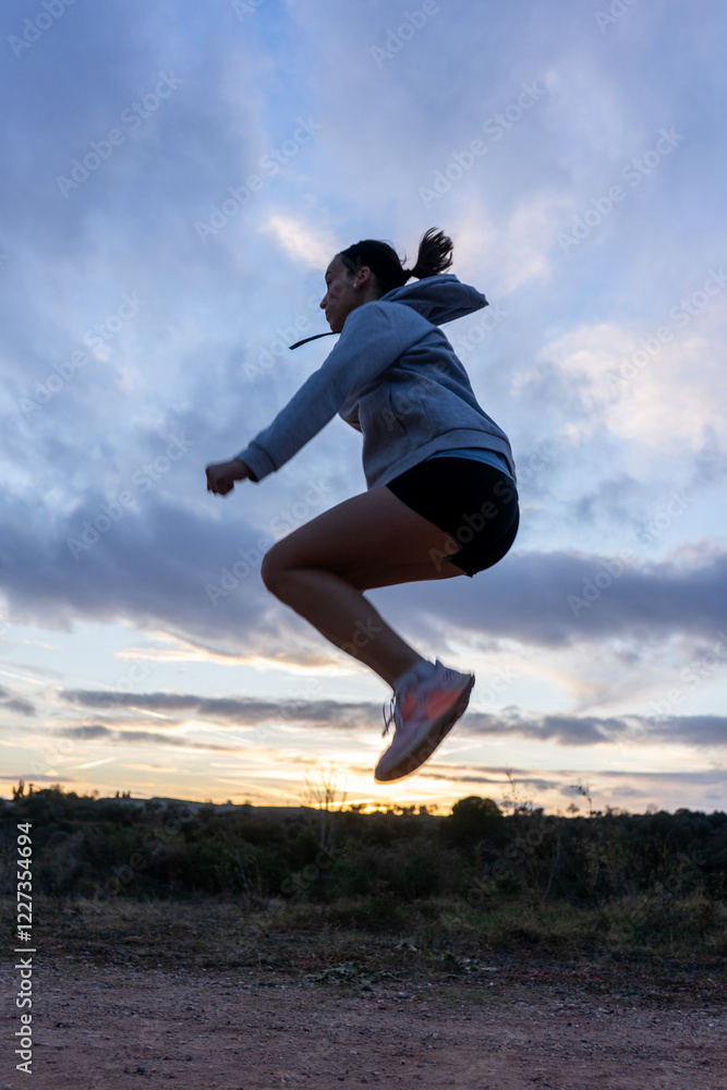 Girl jumping after running in the mountains at sunset. Copy space. Girl jumping after running in the mountains at sunset. Copy space.