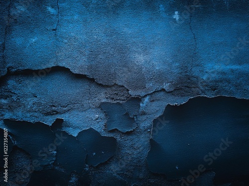 A rough navy blue and black textured surface with deep cracks and peeling paint. The old building wall appears broken, revealing layers of destruction and decay photo