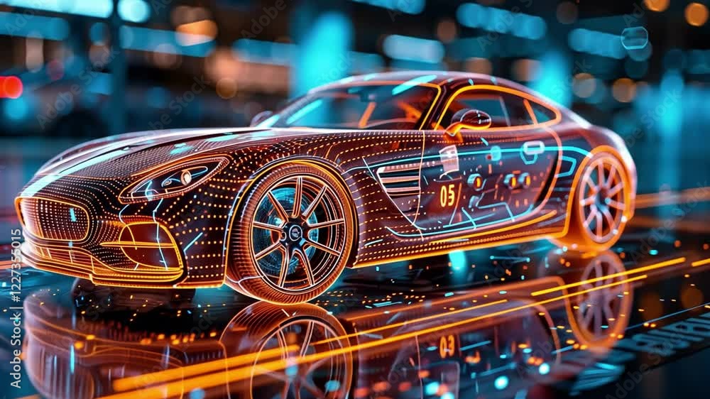 Futuristic sports car illuminated with vibrant neon lights in a high-tech cityscape at night Futuristic sports car illuminated with vibrant neon lights in a high-tech cityscape at night