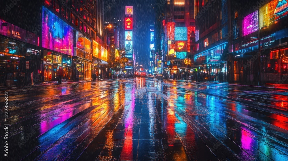 Obraz premium A sci-fi futuristic cityscape at night, with glowing neon lights and wet pavement mirroring the vibrant colors
