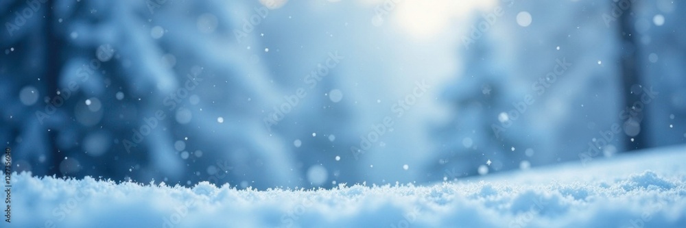 Fototapeta premium snowflakes gently fall on a serene winter landscape with soft light blue hues, gentle snowfall, winter snowflakes light blue soft bokeh