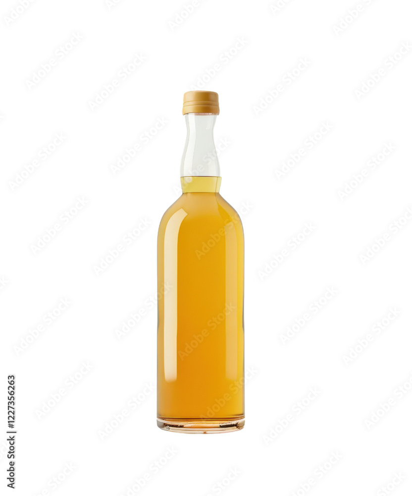 Glass bottle filled with yellow beverage, isolated on white Glass bottle filled with yellow beverage, isolated on white