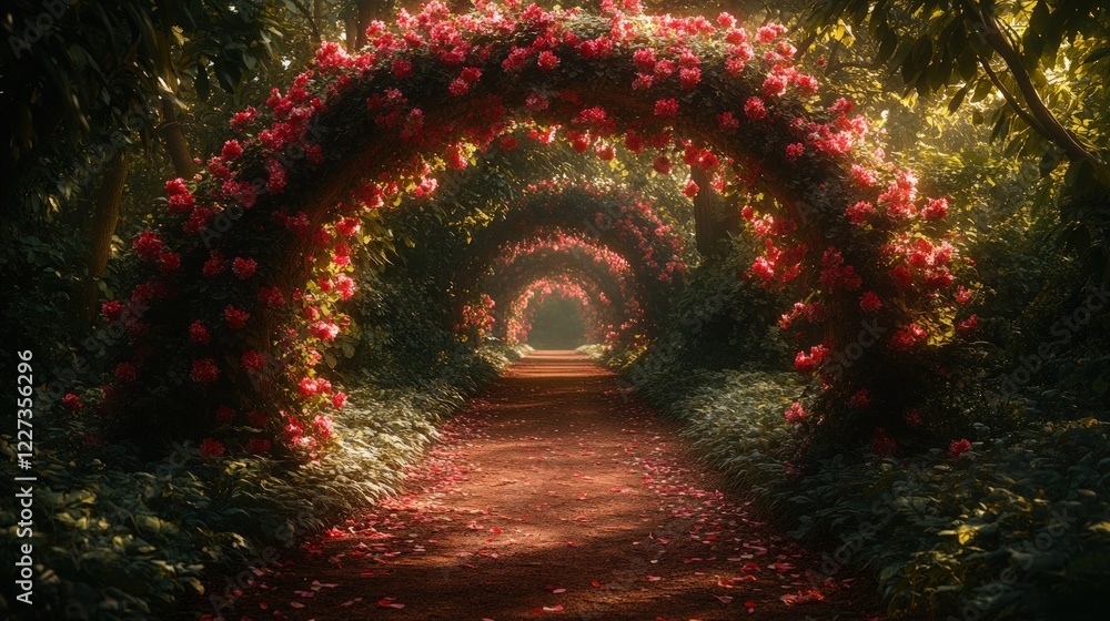 Obraz premium Enchanting Pathway Surrounded by Blooming Flower Arches in a Lush Green Garden with Soft Sunlight