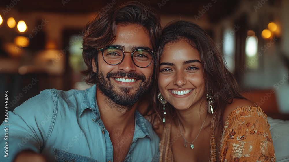 Smiling Indian couple in love sitting on a stylish sofa in a modern living room Smiling Indian couple in love sitting on a stylish sofa in a modern living room