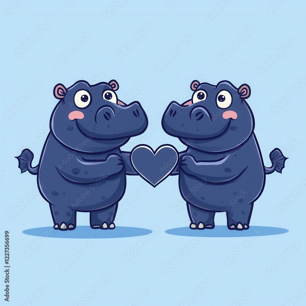 Naklejka premium Hippo couple forming a heart with their tails, romantic and cute