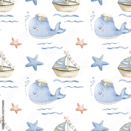 Seamless marine watercolor pattern featuring whales, boats, and starfish in baby blue tones