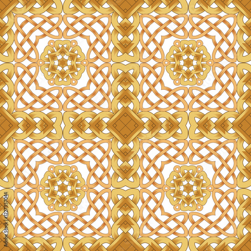 3d gold intricate braided grid lattice celtic arabesque style vector seamless pattern on white background. Repeating knotted ornaments. Beautiful design for wallpaper, fabric, print. Endless texture.