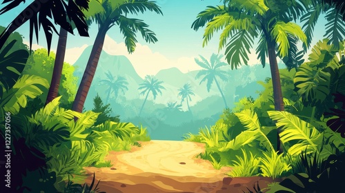 Lush Tropical Path Leading to Mountains