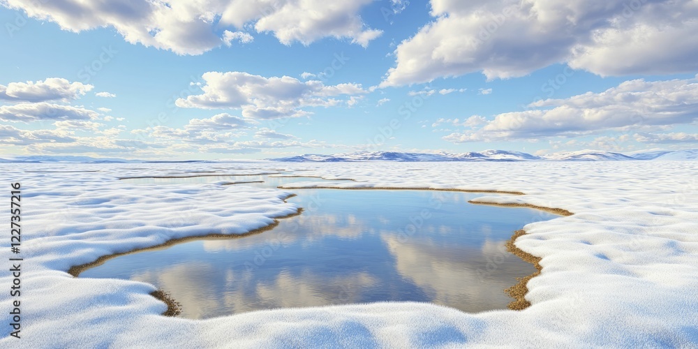 Obraz premium Melted snow forms shimmering pools mirroring azure skies, as warm earth tones surface, heralding spring's quiet approach.