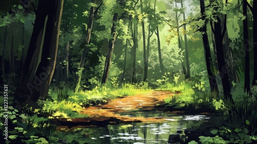 Serene Forest Path Beside Tranquil Stream