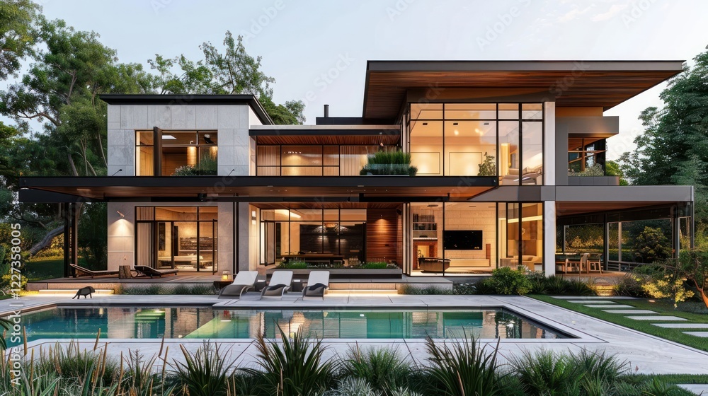 Fototapeta premium Modern luxury house with large windows and pool, surrounded by greenery and trees