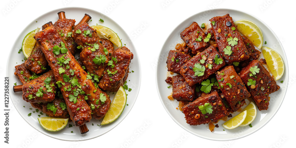 spicy fried ribs with cilantro and lime wedges – top view on white plate
spicy fried ribs with cilantro and lime wedges – top view on white plate