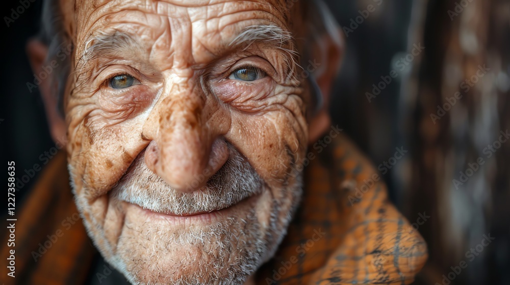 A close up portrait of an elderly man with blue eyes, looking intently at the camera. A close up portrait of an elderly man with blue eyes, looking intently at the camera.