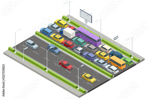 An isometric vector displaying cars, buses, and trucks in a traffic jam. Some vehicles are on the move, while others are stationary. A billboard and traffic lights add detail. Traffic jam