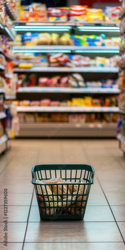 A small, compact shopping basket is placed on the floor next to the entrance of a busy grocery store, ready to be filled with fresh groceries A small, compact shopping basket is placed on the floor next to the entrance of a busy grocery store, ready to be filled with fresh groceries