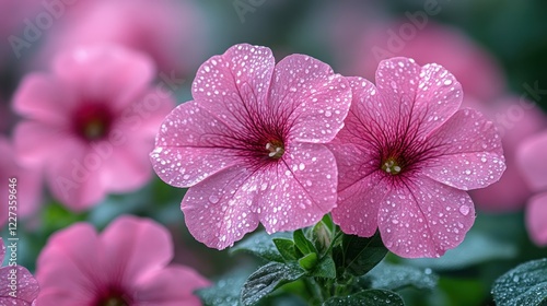 Close-up of pink petunia flowers with water droplets after rain in nature photo