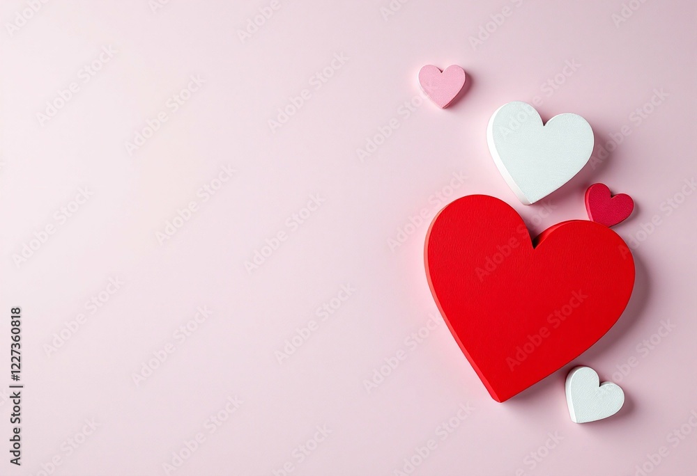 Pink background with red and white paper hearts. Romantic valentines day composition with decorative love symbols. Simple festive layout for greeting cards and banners with copy space Pink background with red and white paper hearts. Romantic valentines day composition with decorative love symbols. Simple festive layout for greeting cards and banners with copy space