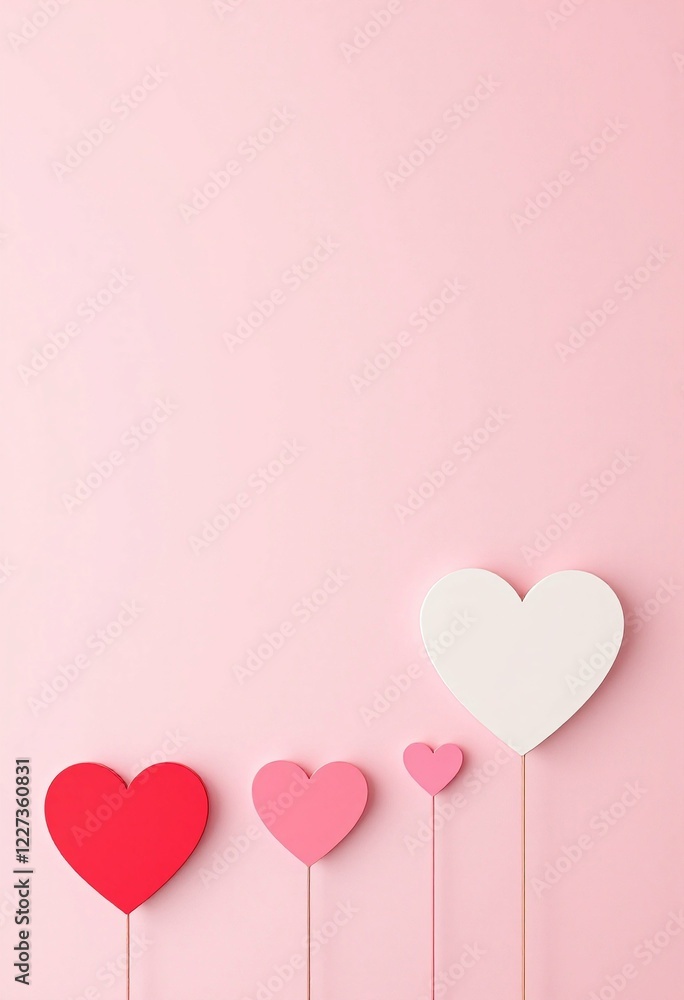 White and red paper hearts on pink background. Valentine's day decoration. Minimalist romantic composition with ascending size hearts. Love concept. Design for greeting cards with copy space White and red paper hearts on pink background. Valentine's day decoration. Minimalist romantic composition with ascending size hearts. Love concept. Design for greeting cards with copy space