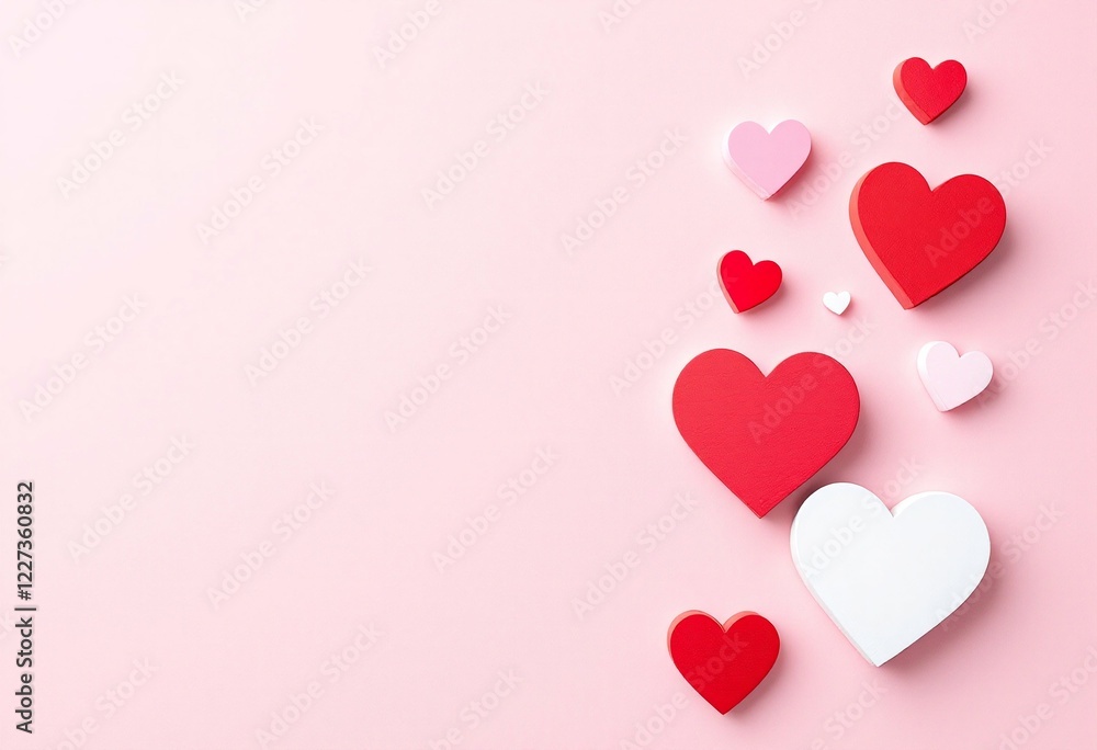 Red and white paper hearts on soft pink background. Romantic holiday card design. Love symbols for wedding, valentine day celebration. Modern minimal flat lay with copy space Red and white paper hearts on soft pink background. Romantic holiday card design. Love symbols for wedding, valentine day celebration. Modern minimal flat lay with copy space