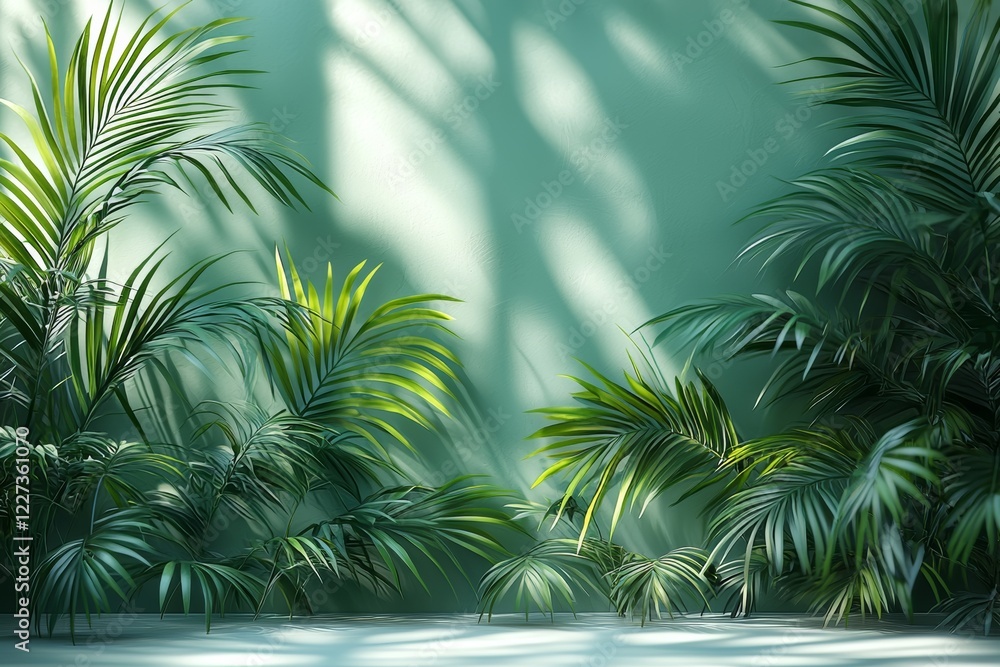Fototapeta premium A serene backdrop featuring a premium stand with a shadow of tropical palm leaves cast upon a pastel green wall, accompanied by a gray table and a showcase display case