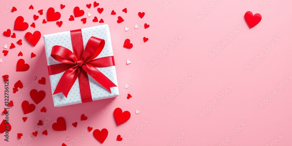 Gift box with red bow and scattered heart confetti on pink background. Romantic holiday layout for Valentine's day, wedding, or birthday with space for text Gift box with red bow and scattered heart confetti on pink background. Romantic holiday layout for Valentine's day, wedding, or birthday with space for text