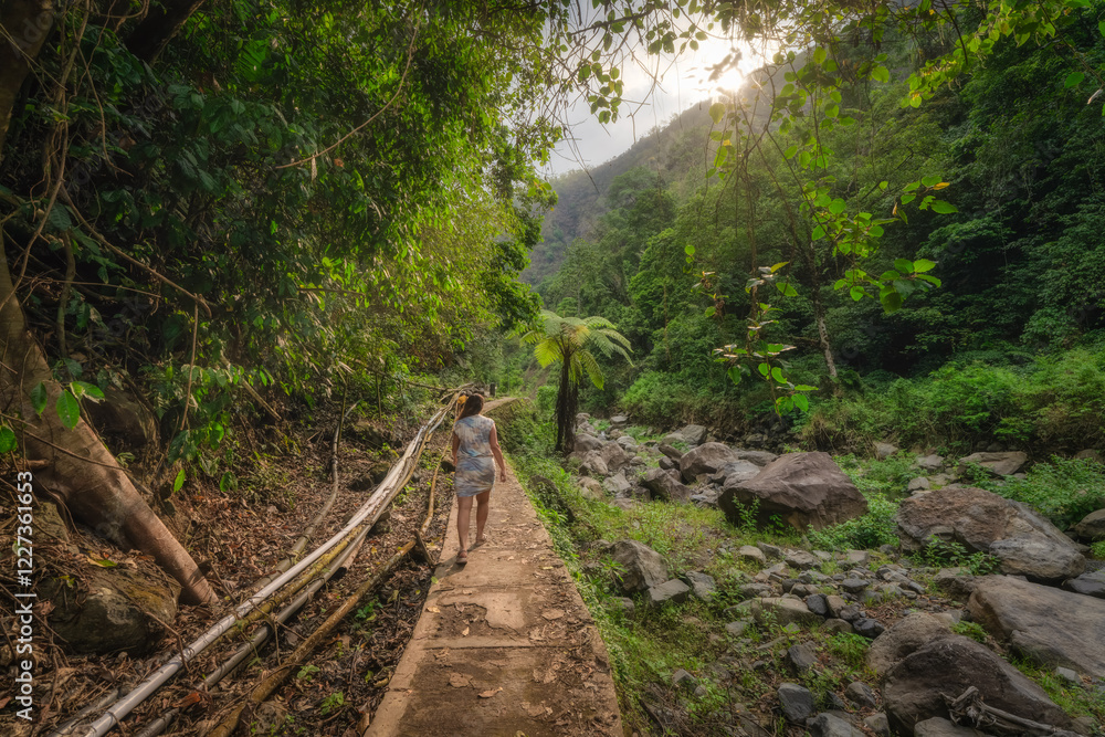 Taking a peaceful walk by a gently flowing stream, surrounded by lush greenery and rocky paths, provides a wonderful combination of relaxation and adventure, Java, Madakaripura Waterfall, Indonesia Taking a peaceful walk by a gently flowing stream, surrounded by lush greenery and rocky paths, provides a wonderful combination of relaxation and adventure, Java, Madakaripura Waterfall, Indonesia