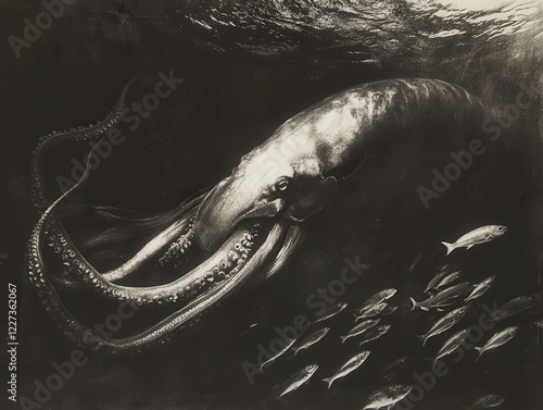 A snapshot from the time of the giant squid, depicting its eerie presence in the deep ocean. The squids massive body photo