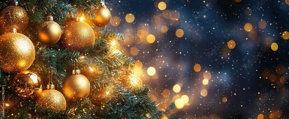 Golden Ornaments on Festive Christmas Tree with Twinkling Lights and Bokeh Background Golden Ornaments on Festive Christmas Tree with Twinkling Lights and Bokeh Background