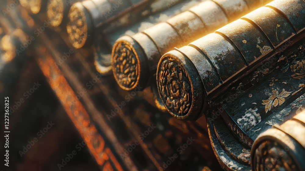 a temple roof, capturing the rich textures and intricate designs of the tiles and beams, a temple roof, capturing the rich textures and intricate designs of the tiles and beams,
