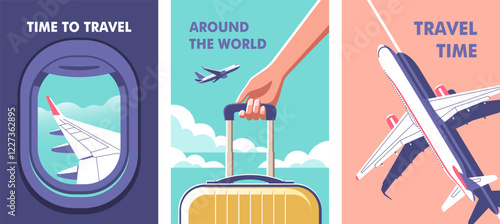 View through the porthole of aircraft. Woman holding a suitcase in her hand close-up and a airplane taking off. Travel, journey concept. Perfect background on the theme of season vacation, weekend.